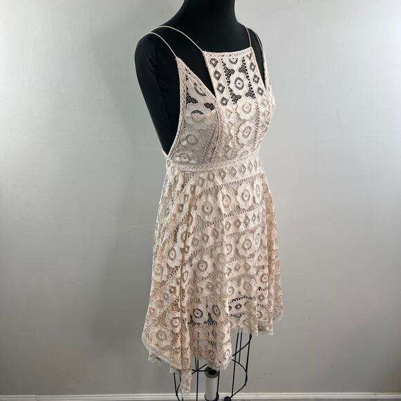 FREE PEOPLE Beige White A-line Dress Floral Just Like Honey Lace Back Zip Size 0 - Picture 4 of 9